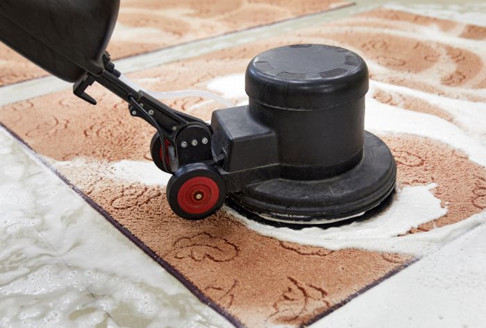 Rotary carpet shampooing machine working foam through a rug