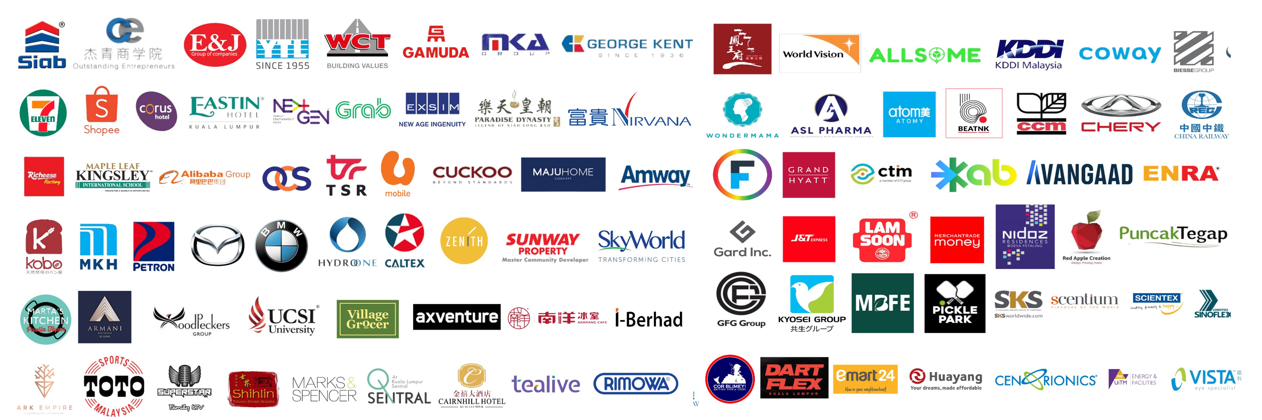 Leading brands that trust Ultra Cleaning — including YTL, Gamuda, George Kent, WCT, BMW, Mazda, Petron, Caltex, Grand Hyatt, 7-Eleven, Shopee, Grab, Amway, Alibaba Group, Marks & Spencer, Sunway Property, UCSI University and many more